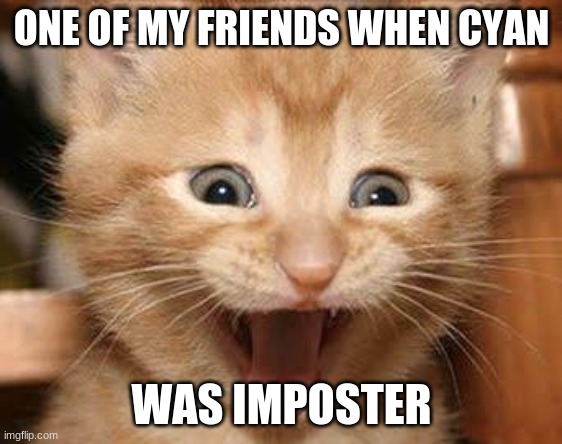 Dedicated to my friend and cyan the imposter | ONE OF MY FRIENDS WHEN CYAN; WAS IMPOSTER | image tagged in memes,excited cat | made w/ Imgflip meme maker