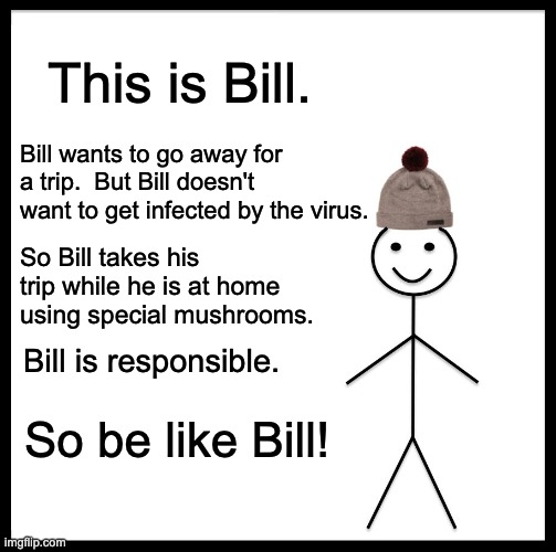 Trip | This is Bill. Bill wants to go away for a trip.  But Bill doesn't want to get infected by the virus. So Bill takes his trip while he is at home using special mushrooms. Bill is responsible. So be like Bill! | image tagged in memes,be like bill | made w/ Imgflip meme maker