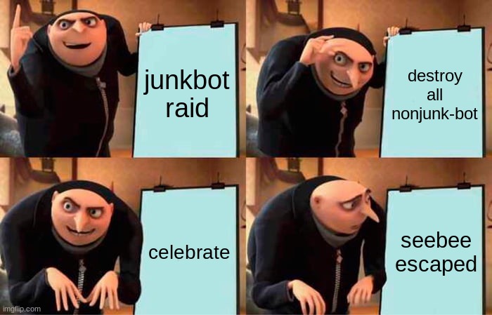 Gru's Plan Meme | junkbot raid; destroy all nonjunk-bot; celebrate; seebee escaped | image tagged in memes,gru's plan | made w/ Imgflip meme maker