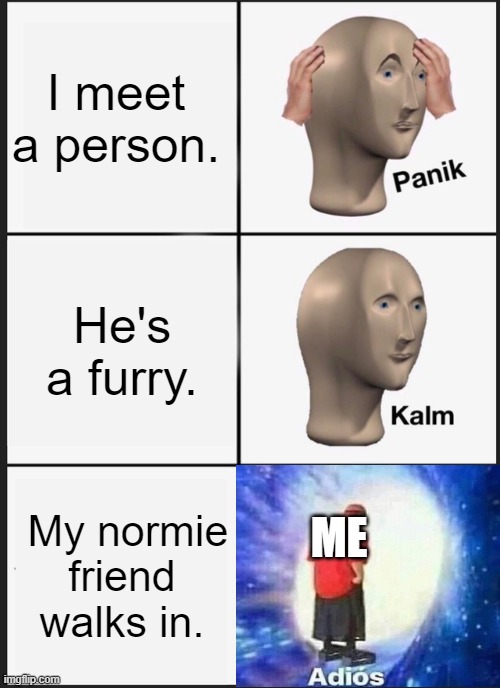 Only furries will get this | I meet a person. He's a furry. My normie friend walks in. ME | image tagged in memes,panik kalm panik | made w/ Imgflip meme maker