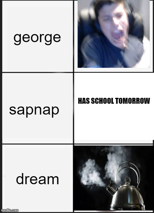 Panik Kalm Panik Meme | george; sapnap; HAS SCHOOL TOMORROW; dream | image tagged in memes,panik kalm panik | made w/ Imgflip meme maker