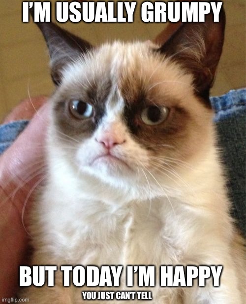 :D | I’M USUALLY GRUMPY; BUT TODAY I’M HAPPY; YOU JUST CAN’T TELL | image tagged in memes,grumpy cat | made w/ Imgflip meme maker