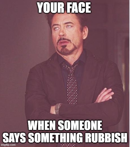 Face You Make Robert Downey Jr Meme | YOUR FACE; WHEN SOMEONE SAYS SOMETHING RUBBISH | image tagged in memes,face you make robert downey jr | made w/ Imgflip meme maker