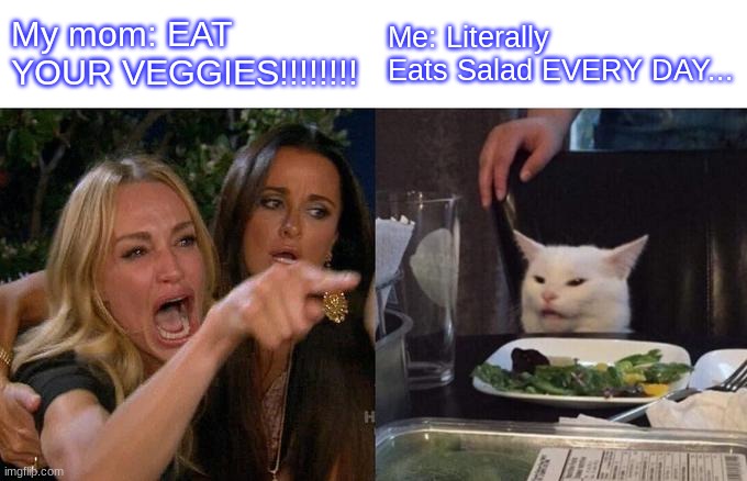 Mom... WHY?! | My mom: EAT YOUR VEGGIES!!!!!!!! Me: Literally Eats Salad EVERY DAY... | image tagged in memes,woman yelling at cat,help me | made w/ Imgflip meme maker