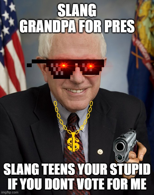 Bernie Sanders | SLANG GRANDPA FOR PRES; SLANG TEENS YOUR STUPID IF YOU DONT VOTE FOR ME | image tagged in bernie sanders | made w/ Imgflip meme maker