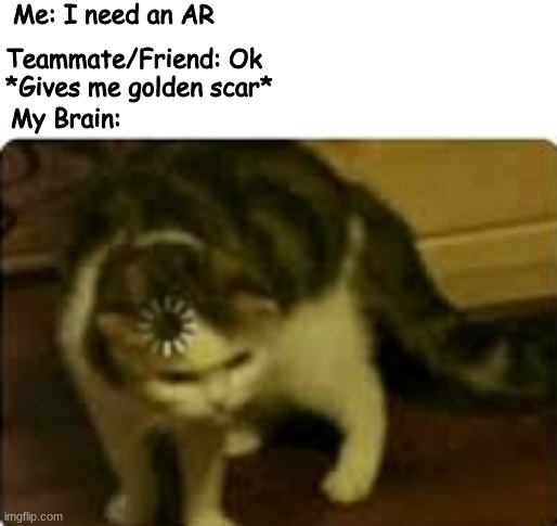 Unexpected moments in fortnite squads | Me: I need an AR; Teammate/Friend: Ok *Gives me golden scar*; My Brain: | image tagged in buffering cat,fortnite,squads | made w/ Imgflip meme maker