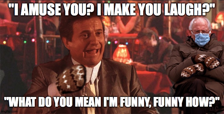 Goodfellas |  "I AMUSE YOU? I MAKE YOU LAUGH?"; "WHAT DO YOU MEAN I'M FUNNY, FUNNY HOW?" | image tagged in bernie sanders,bernie sanders mittens,bernie mittens,goodfellas laugh,goodfellas,joe pesci | made w/ Imgflip meme maker