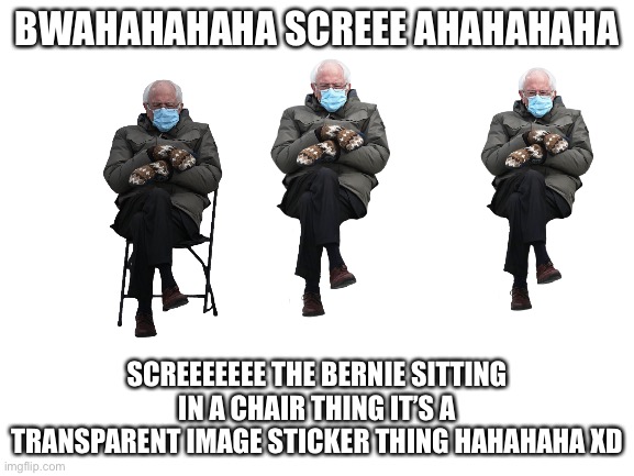 H e h e | BWAHAHAHAHA SCREEE AHAHAHAHA; SCREEEEEEE THE BERNIE SITTING IN A CHAIR THING IT’S A TRANSPARENT IMAGE STICKER THING HAHAHAHA XD | image tagged in bernie sanders,bernie sitting,bernie mittens,the intire internet loves it,yasssssss | made w/ Imgflip meme maker