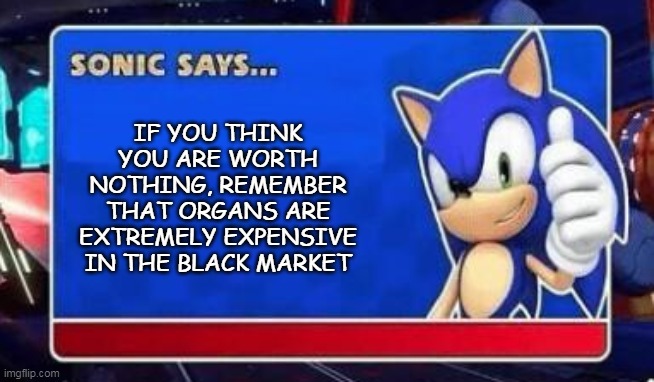 If you think you are worth nothing... | IF YOU THINK YOU ARE WORTH NOTHING, REMEMBER THAT ORGANS ARE EXTREMELY EXPENSIVE IN THE BLACK MARKET | image tagged in sonic says,mercado negro | made w/ Imgflip meme maker