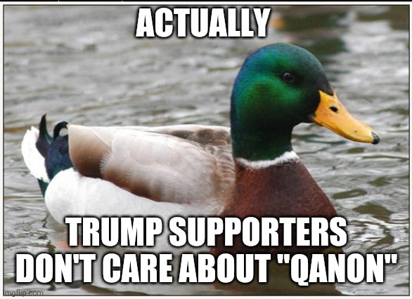 Actual Advice Mallard Meme | ACTUALLY TRUMP SUPPORTERS DON'T CARE ABOUT "QANON" | image tagged in memes,actual advice mallard | made w/ Imgflip meme maker