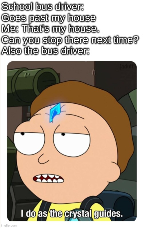 The bus driver goes past my house all the time bc it's not 'on the designated route' I mean wtf? It's right there. | School bus driver: Goes past my house
Me: That's my house. Can you stop there next time?
Also the bus driver: | image tagged in blank white template,i do as the crystal guides,school bus,house,memes | made w/ Imgflip meme maker