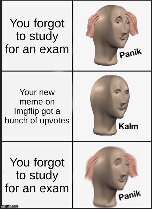 Don't get too caught up in social media | You forgot to study for an exam; Your new meme on Imgflip got a bunch of upvotes; You forgot to study for an exam | image tagged in panik kalm panik | made w/ Imgflip meme maker
