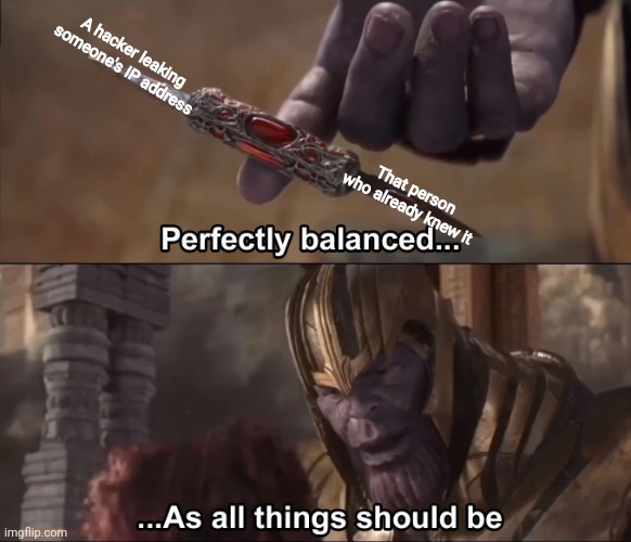 Thanos perfectly balanced as all things should be |  A hacker leaking someone's IP address; That person who already knew it | image tagged in thanos perfectly balanced as all things should be,ip address,hacker,thanos,leaks | made w/ Imgflip meme maker