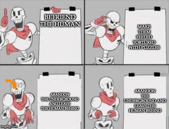 Papyrus plan | MAKE THEM FEELED TORTURED WITH PUZZLES; BEFRIEND THE HUMAN; ABANDON THE UNDERGROUND AND LEAVE THE HUMAN BEHIND; ABANDON THE UNDERGROUND AND LEAVE THE HUMAN BEHIND | image tagged in papyrus plan,undertale papyrus,memes,plan | made w/ Imgflip meme maker