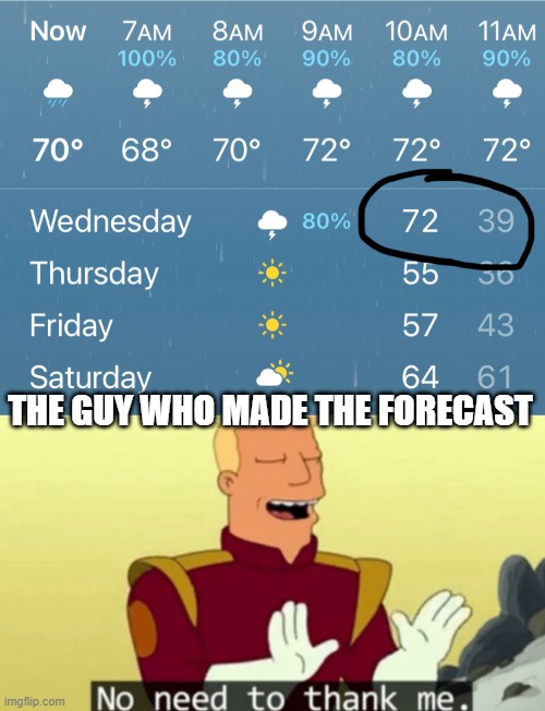 Thank you wetherman. | THE GUY WHO MADE THE FORECAST | image tagged in memes,no need to thank me,weather | made w/ Imgflip meme maker