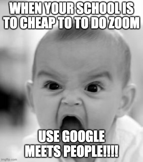 Angry Baby Meme | WHEN YOUR SCHOOL IS TO CHEAP TO TO DO ZOOM; USE GOOGLE MEETS PEOPLE!!!! | image tagged in memes,angry baby | made w/ Imgflip meme maker