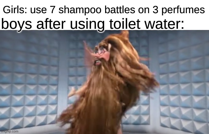 hairy | Girls: use 7 shampoo battles on 3 perfumes; boys after using toilet water: | image tagged in hair,meme | made w/ Imgflip meme maker