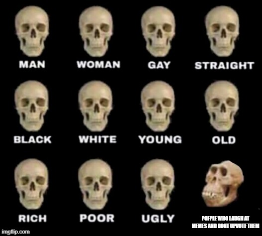 idiot skull | POEPLE WHO LAUGH AT MEMES AND DONT UPVOTE THEM | image tagged in idiot skull | made w/ Imgflip meme maker