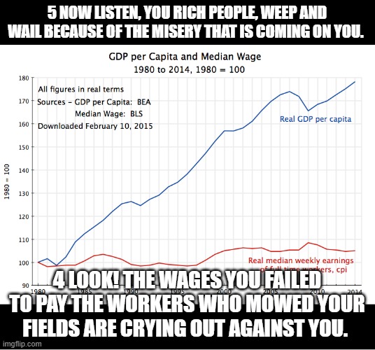 The Bible Demands a Higher Minimum Wage | 5 NOW LISTEN, YOU RICH PEOPLE, WEEP AND WAIL BECAUSE OF THE MISERY THAT IS COMING ON YOU. 4 LOOK! THE WAGES YOU FAILED TO PAY THE WORKERS WHO MOWED YOUR FIELDS ARE CRYING OUT AGAINST YOU. | image tagged in bible,minimum wage,raise,increase,graph | made w/ Imgflip meme maker