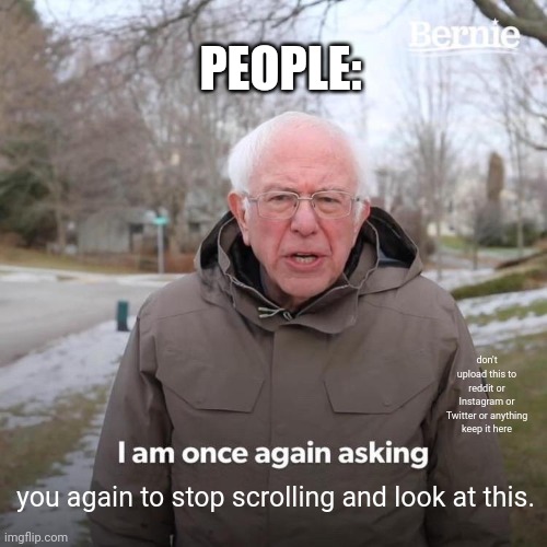 This is so true tho! | PEOPLE:; don't upload this to reddit or Instagram or Twitter or anything keep it here; you again to stop scrolling and look at this. | image tagged in memes,bernie i am once again asking for your support | made w/ Imgflip meme maker