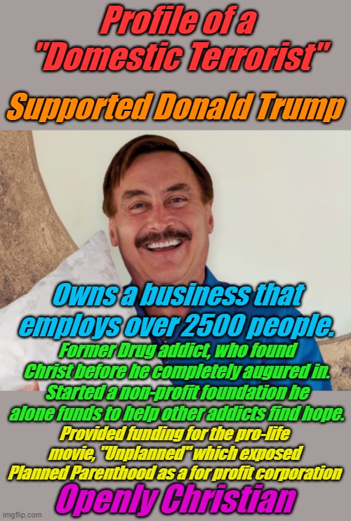Banned from Twitter, they posted fake tweets in his name. What a source of pride for leftists, we can't have people like this. | Profile of a "Domestic Terrorist"; Supported Donald Trump; Owns a business that employs over 2500 people. Former Drug addict, who found Christ before he completely augured in. Started a non-profit foundation he alone funds to help other addicts find hope. Provided funding for the pro-life movie, "Unplanned" which exposed Planned Parenthood as a for profit corporation; Openly Christian | image tagged in mike lindell | made w/ Imgflip meme maker