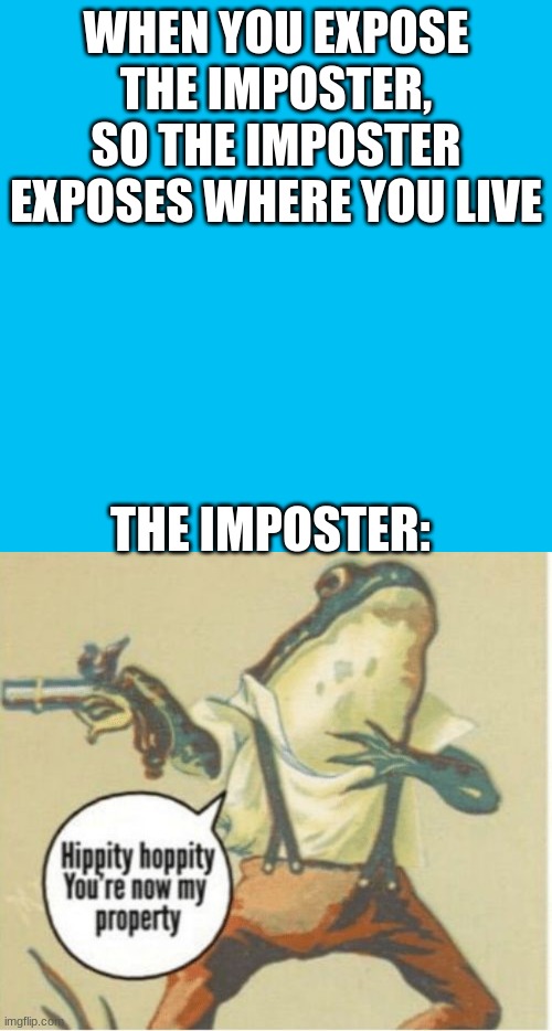 Yessir | WHEN YOU EXPOSE THE IMPOSTER, SO THE IMPOSTER EXPOSES WHERE YOU LIVE; THE IMPOSTER: | image tagged in memes,blank transparent square,hippity hoppity you're now my property,funny,so true memes | made w/ Imgflip meme maker