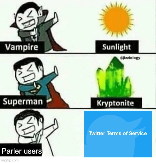 Censorship is when private companies tell me to follow their TOS. | Parler users | image tagged in parler,maga,donald trump,capitol hill,twitter,vampire superman meme | made w/ Imgflip meme maker