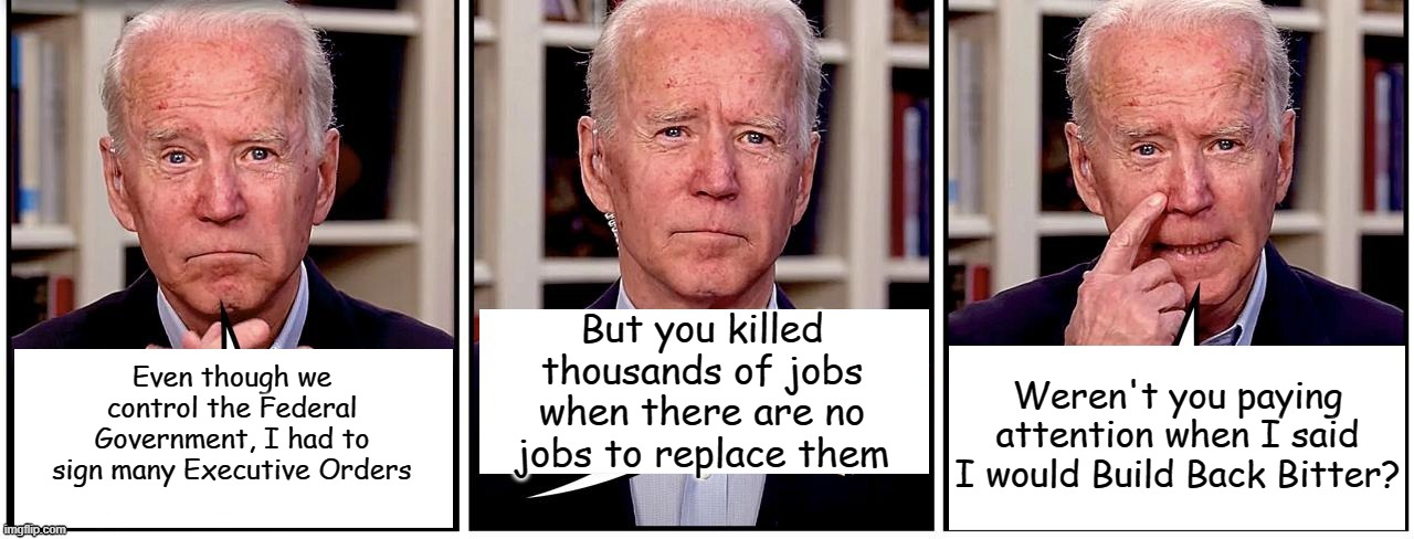 Fresh from the Party of Hate and Science. Experts in Social Engineering, you will bow down to your master, slave. | But you killed thousands of jobs when there are no jobs to replace them; Weren't you paying attention when I said I would Build Back Bitter? Even though we control the Federal Government, I had to sign many Executive Orders | image tagged in biden | made w/ Imgflip meme maker