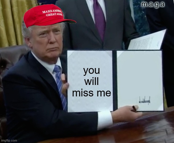 pls be nice:) | m.a.g.a; you will miss me | image tagged in memes,trump bill signing | made w/ Imgflip meme maker