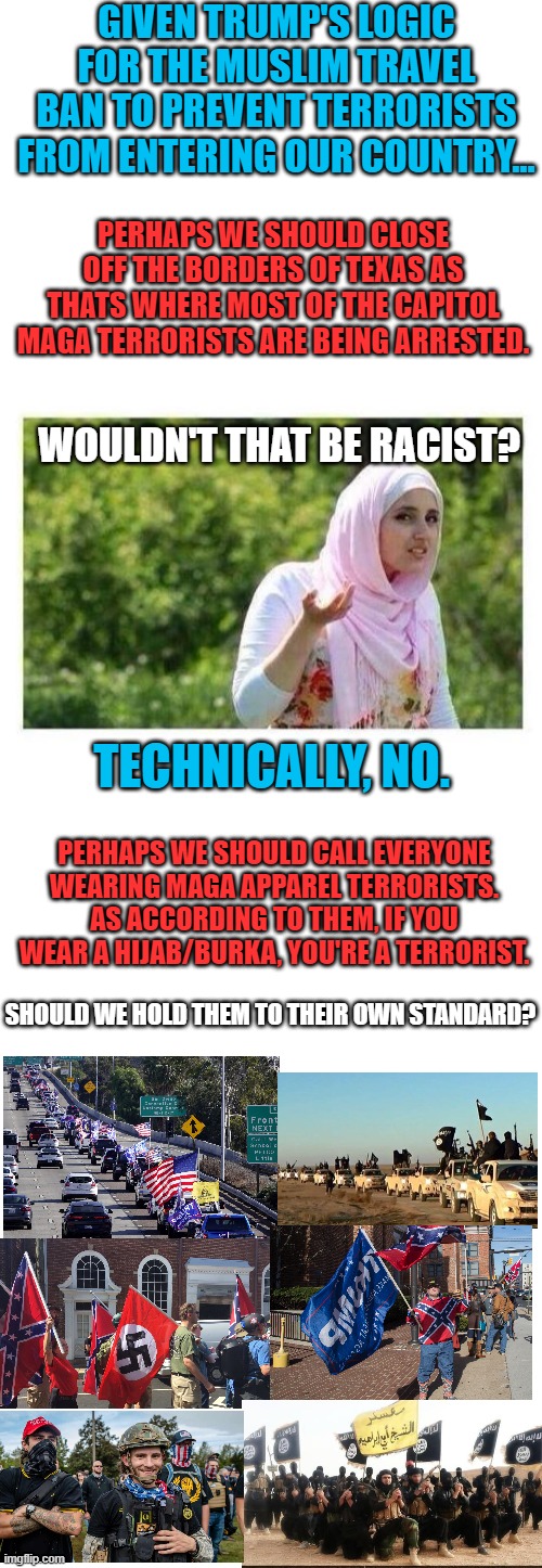 It makes sense. | GIVEN TRUMP'S LOGIC FOR THE MUSLIM TRAVEL BAN TO PREVENT TERRORISTS FROM ENTERING OUR COUNTRY... PERHAPS WE SHOULD CLOSE OFF THE BORDERS OF TEXAS AS THATS WHERE MOST OF THE CAPITOL MAGA TERRORISTS ARE BEING ARRESTED. WOULDN'T THAT BE RACIST? TECHNICALLY, NO. PERHAPS WE SHOULD CALL EVERYONE WEARING MAGA APPAREL TERRORISTS. AS ACCORDING TO THEM, IF YOU WEAR A HIJAB/BURKA, YOU'RE A TERRORIST. SHOULD WE HOLD THEM TO THEIR OWN STANDARD? | image tagged in blank white template,confused muslim girl | made w/ Imgflip meme maker