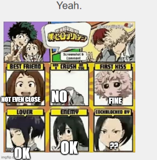 I was recommended to take a screenshot of a gif by PeacefulFox This is what I got | NO; NOT EVEN CLOSE; FINE; OK; ?? OK | image tagged in mha | made w/ Imgflip meme maker
