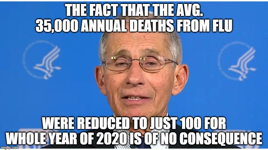 Dr Fauci | THE FACT THAT THE AVG. 35,000 ANNUAL DEATHS FROM FLU WERE REDUCED TO JUST 100 FOR WHOLE YEAR OF 2020 IS OF NO CONSEQUENCE | image tagged in dr fauci | made w/ Imgflip meme maker