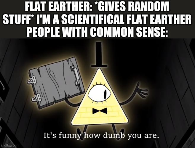 Earth Ain't flat | FLAT EARTHER: *GIVES RANDOM STUFF* I'M A SCIENTIFICAL FLAT EARTHER
PEOPLE WITH COMMON SENSE: | image tagged in it's funny how dumb you are bill cipher | made w/ Imgflip meme maker