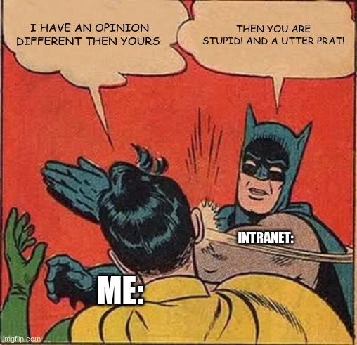 Internet is mean :( | I HAVE AN OPINION DIFFERENT THEN YOURS; THEN YOU ARE STUPID! AND A UTTER PRAT! INTRANET:; ME: | image tagged in memes,batman slapping robin | made w/ Imgflip meme maker