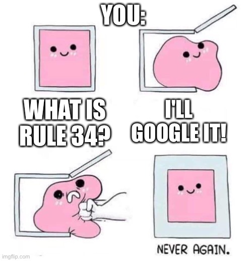 Never again | WHAT IS RULE 34? I'LL GOOGLE IT! YOU: | image tagged in never again | made w/ Imgflip meme maker