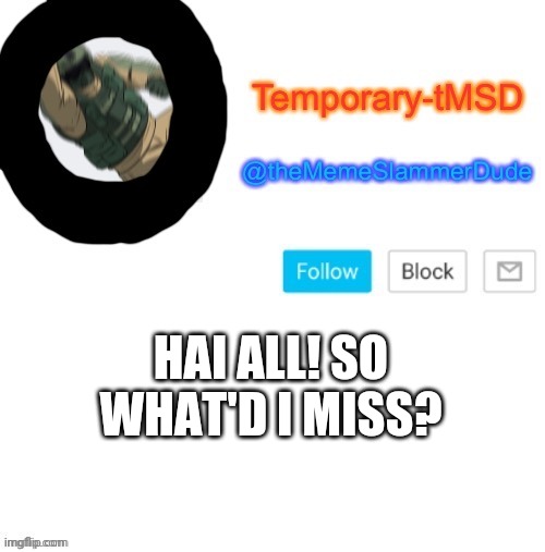 Temporary-tMSD Announcement take 2 | HAI ALL! SO WHAT'D I MISS? | image tagged in temporary-tmsd announcement take 2 | made w/ Imgflip meme maker