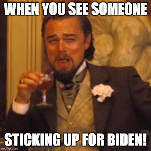 Laughing Leo | WHEN YOU SEE SOMEONE; STICKING UP FOR BIDEN! | image tagged in memes,laughing leo | made w/ Imgflip meme maker