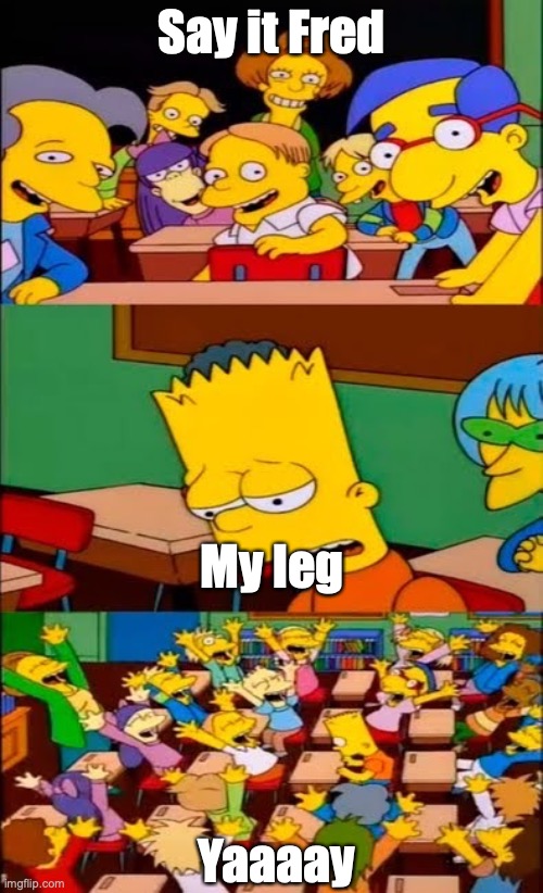 say the line bart! simpsons | Say it Fred; My leg; Yaaaay | image tagged in say the line bart simpsons | made w/ Imgflip meme maker