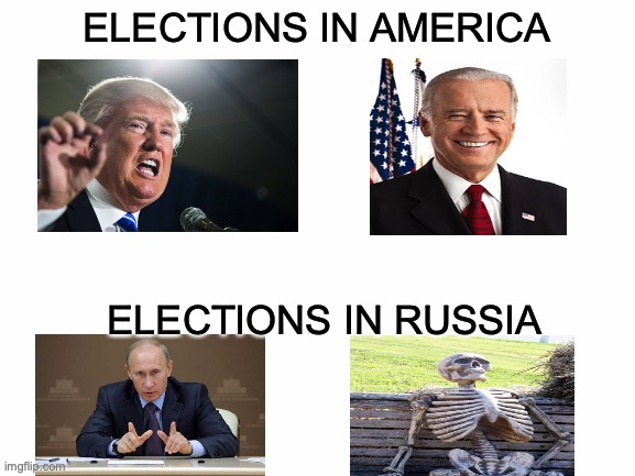 Types of elections | ELECTIONS IN AMERICA; ELECTIONS IN RUSSIA | image tagged in blank white template | made w/ Imgflip meme maker
