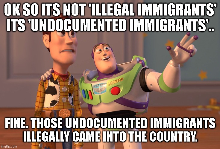 X, X Everywhere |  OK SO ITS NOT 'ILLEGAL IMMIGRANTS' ITS 'UNDOCUMENTED IMMIGRANTS'.. FINE. THOSE UNDOCUMENTED IMMIGRANTS ILLEGALLY CAME INTO THE COUNTRY. | image tagged in memes,x x everywhere | made w/ Imgflip meme maker