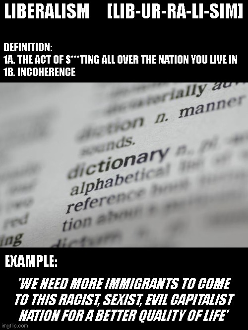 Dictionary-001 | DEFINITION: 
1A. THE ACT OF S***TING ALL OVER THE NATION YOU LIVE IN
1B. INCOHERENCE; LIBERALISM     [LIB-UR-RA-LI-SIM]; EXAMPLE:; 'WE NEED MORE IMMIGRANTS TO COME TO THIS RACIST, SEXIST, EVIL CAPITALIST NATION FOR A BETTER QUALITY OF LIFE' | image tagged in dictionary-001 | made w/ Imgflip meme maker