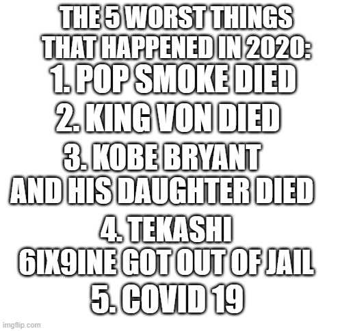 Blank White Template | THE 5 WORST THINGS THAT HAPPENED IN 2020:; 1. POP SMOKE DIED; 2. KING VON DIED; 3. KOBE BRYANT AND HIS DAUGHTER DIED; 4. TEKASHI 6IX9INE GOT OUT OF JAIL; 5. COVID 19 | image tagged in blank white template | made w/ Imgflip meme maker