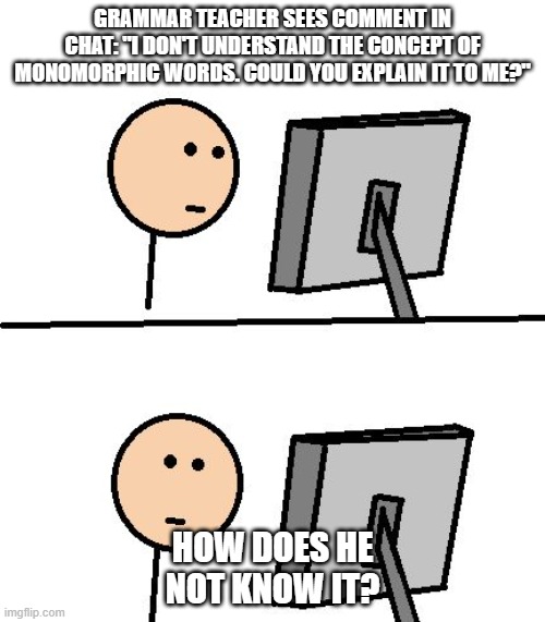 What Did I Just See | GRAMMAR TEACHER SEES COMMENT IN CHAT: "I DON'T UNDERSTAND THE CONCEPT OF MONOMORPHIC WORDS. COULD YOU EXPLAIN IT TO ME?"; HOW DOES HE NOT KNOW IT? | image tagged in what did i just see | made w/ Imgflip meme maker