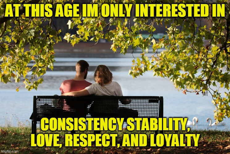 loyalty | AT THIS AGE IM ONLY INTERESTED IN; CONSISTENCY STABILITY, LOVE, RESPECT, AND LOYALTY | image tagged in loyalty,love,respect,relationships | made w/ Imgflip meme maker