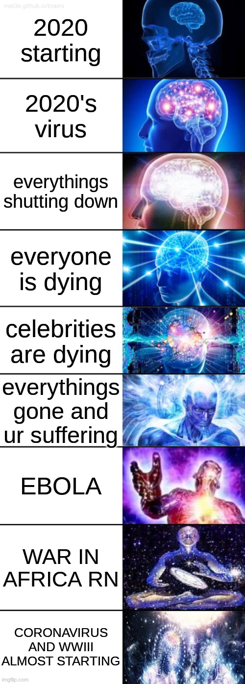 9-Tier Expanding Brain | 2020 starting; 2020's virus; everythings shutting down; everyone is dying; celebrities are dying; everythings gone and ur suffering; EBOLA; WAR IN AFRICA RN; CORONAVIRUS AND WWIII ALMOST STARTING | image tagged in 9-tier expanding brain | made w/ Imgflip meme maker