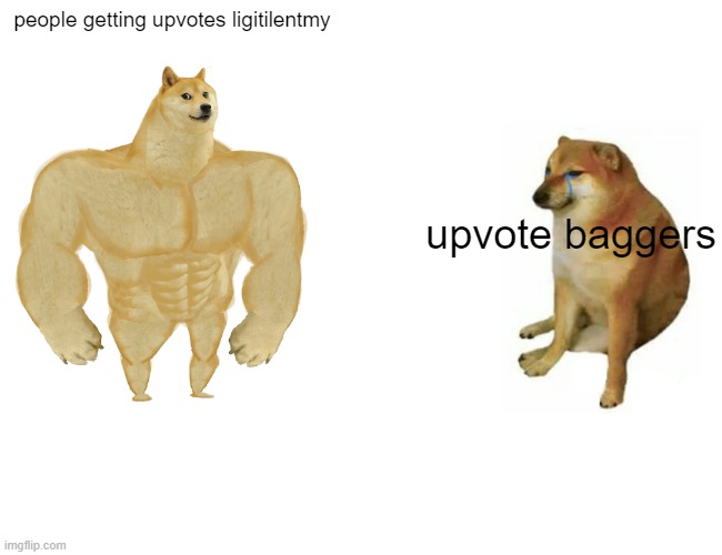 Buff Doge vs. Cheems | people getting upvotes ligitilentmy; upvote baggers | image tagged in memes,buff doge vs cheems | made w/ Imgflip meme maker