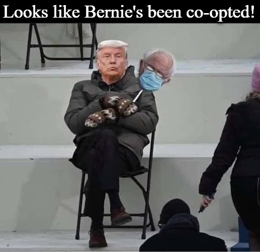 Looks like Bernie's been co-opted! | Looks like Bernie's been co-opted! | image tagged in feelin the bern,bernie mittens,bernie sanders mittens,mittens romney,triggering liberals,kathy griffin tolerance | made w/ Imgflip meme maker