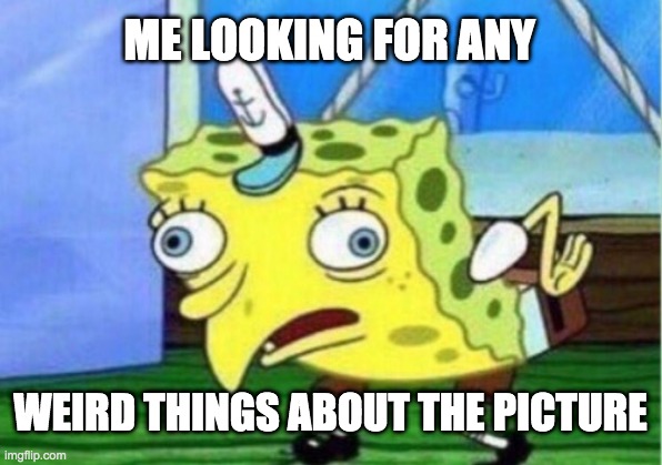 Mocking Spongebob Meme | ME LOOKING FOR ANY WEIRD THINGS ABOUT THE PICTURE | image tagged in memes,mocking spongebob | made w/ Imgflip meme maker