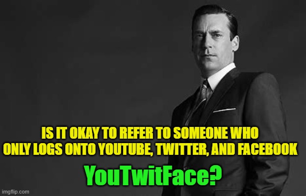 I wonder... | IS IT OKAY TO REFER TO SOMEONE WHO ONLY LOGS ONTO YOUTUBE, TWITTER, AND FACEBOOK; YouTwitFace? | image tagged in funny | made w/ Imgflip meme maker