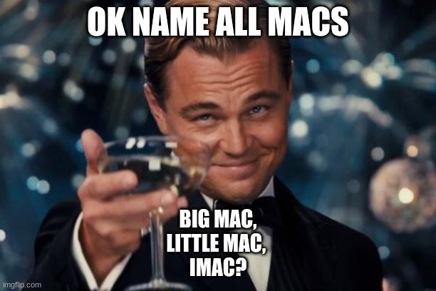 Leonardo Dicaprio Cheers | OK NAME ALL MACS; BIG MAC,
LITTLE MAC, 
IMAC? | image tagged in memes,leonardo dicaprio cheers | made w/ Imgflip meme maker